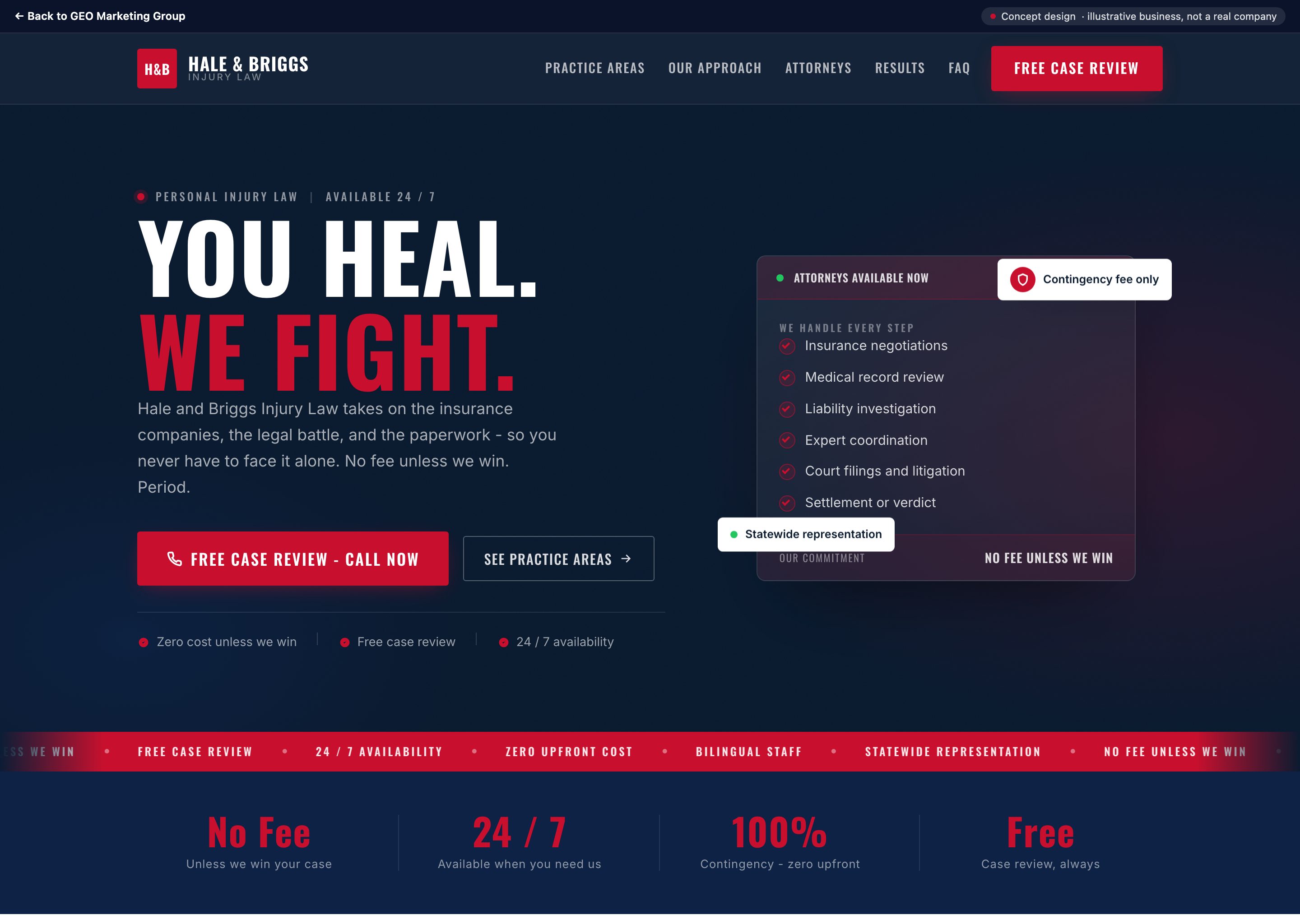 Hale & Briggs Injury Law concept design, a personal injury example